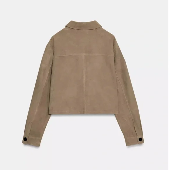 Zara New 100% Leather Suede Collar Jacket Beige NWT - Picture 9 of 14